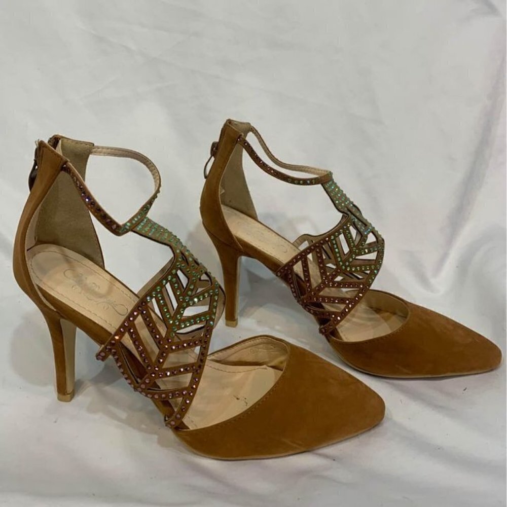 WOMAN’S formal pumps. Carmel faux suede. Rhinestone embellishments. Unique.